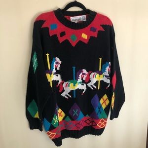 Vintage The Import Workshop Kitsch Colorful Carousel Horses Sweater, clown core